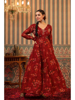 Scakhi - Red Organza Floral Print Embellished Anarkali Gown With Belt (Set of 2)
