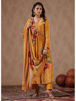 Scakhi - Mustard Crepe Silk Floral Print Embellished Anarkali with Pant & Dupatta (Set of 3)