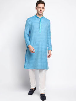 Devoiler - Men Self Design Sky Blue Fine Cotton Kurta