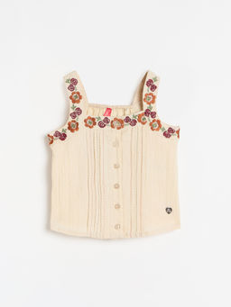 Blue Giraffe - Cream Polyester Sleeveless Square Neck Floral Top