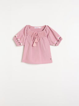 ELLE - Pink Polyester Half Sleeves Round Neck Textured Top