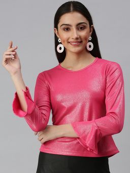 SHOWOFFFF - Women Round Neck Bell Sleeves Textured Pink Top