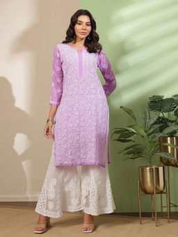 ADA - Women Georgette Embroidered Lavender Kurta and Pant