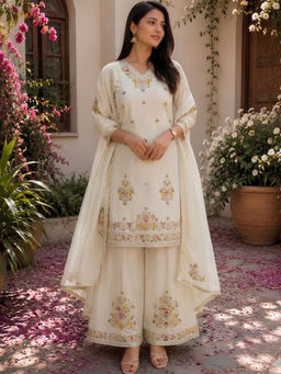 Anveri Textiles - Women Silk White Kurta and Sharara with Dupatta