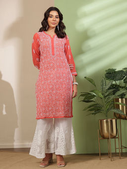 ADA - Women Georgette Embroidered Red Kurta and Pant