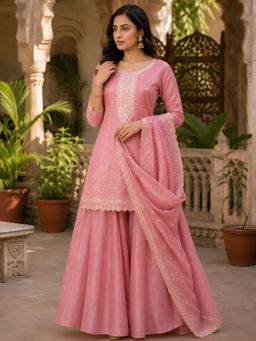 Anveri Textiles - Women Silk Embroidered Pink Kurta and Sharara with Dupatta