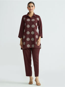 Women Plus - Women Viscose Rayon Embroidered Maroon Co-ord Set