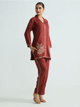 Women Plus - Women Viscose Rayon Embroidered Rust Co-ord Set