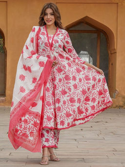 GEKHA - Women Cotton Floral Pink Anarkali and Pant with Dupatta