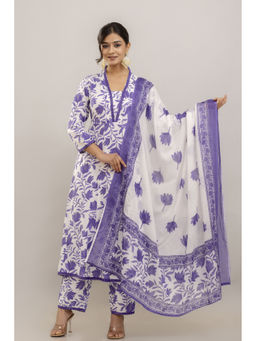 GEKHA - Women Cotton Floral Purple Anarkali and Pant with Dupatta