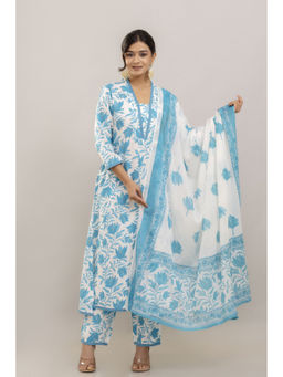 GEKHA - Women Cotton Floral Turquoise Anarkali and Pant with Dupatta