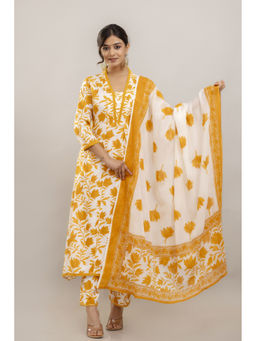 GEKHA - Women Cotton Floral Yellow Anarkali and Pant with Dupatta
