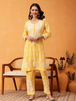 ADA - Women Modal Embroidered Yellow Kurta and Pant