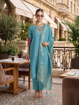 Monjolika Fashion - Women Chanderi Embroidered Turquoise Kurta and Pant with Dupatta