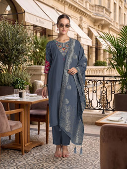 Monjolika Fashion - Women Chanderi Embroidered Grey Kurta and Pant with Dupatta