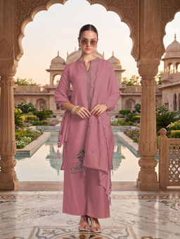 Monjolika Fashion - Women Chanderi Embroidered Mauve Kurta and Palazzo with Dupatta