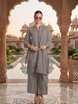 Monjolika Fashion - Women Chanderi Embroidered Grey Kurta and Palazzo with Dupatta