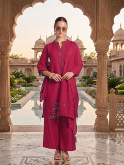 Monjolika Fashion - Women Chanderi Embroidered Pink Kurta and Palazzo with Dupatta