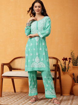 ADA - Women'S Modal Embroidered Green Kurta and Pant