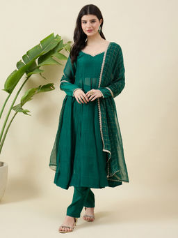 Aritri - Women Chanderi Solid Green Kurta and Pant with Dupatta