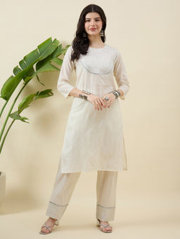 Aritri - Women Cotton Solid Off White Kurta and Pant