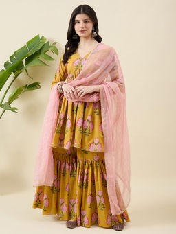 Aritri - Women Cotton Floral Mustard Kurta and Sharara with Dupatta