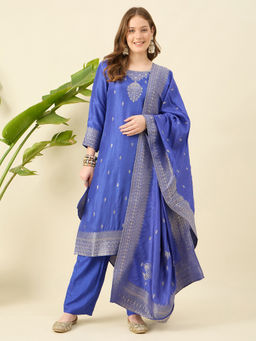 Aritri - Women Chanderi Woven Blue Kurta and Pant with Dupatta