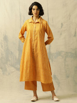 Black & Blah Blah - Women Pure Cotton Stripes Yellow Kurta and Pant