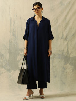 Black & Blah Blah - Women Viscose Rayon Solid Navy Blue Kurta and Pant
