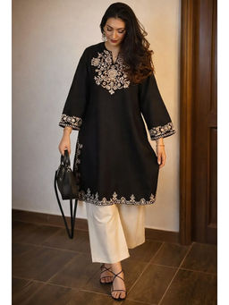 Kedar Fab - Women Cotton Blend Embroidered Black Kurta and Palazzo