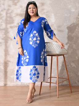Desi Noor - Plus Size Royal Blue Printed Midi Dress