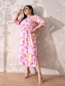 Desi Noor - Plus Size Pink Printed Midi Dress