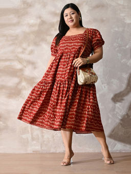 Desi Noor - Plus Size Printed Rust Cotton Dress