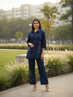 Anastay Clothing - Women Cotton Embroidered Blue Co-ord Set
