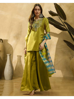 KVS FAB - Women Silk Blend Embroidered Green Kurti and Palazzo with Dupatta