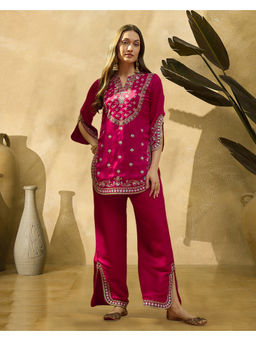 KVS FAB - Women Satin Embroidered Pink Kurti and Palazzo