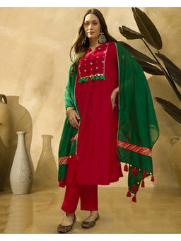 KVS FAB - Women Chanderi Embroidered Red Anarkali and Pant with Dupatta