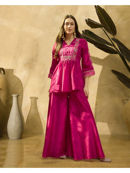 KVS FAB - Women Silk Blend Embroidered Pink Kurti and Palazzo