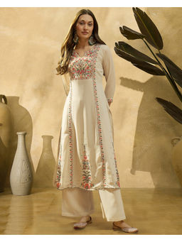 KVS FAB - Women Georgette Embroidered Off White Kurta and Palazzo
