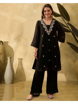 KVS FAB - Women Georgette Embroidered Black Kurta and Palazzo