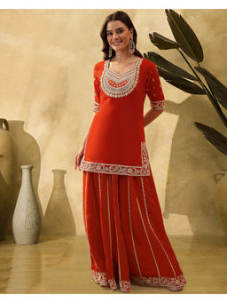 KVS FAB - Women Georgette Embroidered Orange Kurti and Skirt