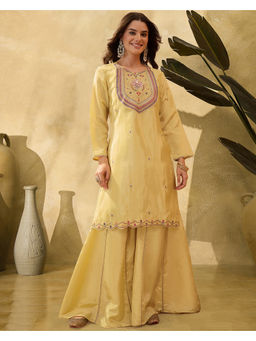 KVS FAB - Women Silk Blend Embroidered Mustard Kurta and Sharara