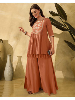 KVS FAB - Women Cotton Embroidered Rust Kurti and Palazzo