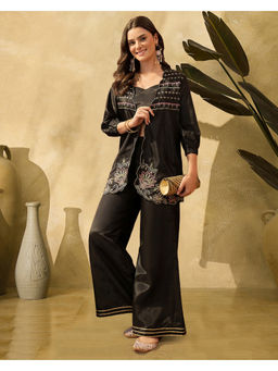 KVS FAB - Silk Blend Embroidered Black Bustier and Jacket with Palazzo