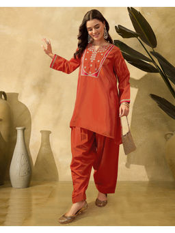 KVS FAB - Women Silk Blend Embroidered Orange Kurta and Salwar