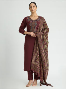 Women Plus - Viscose Rayon Embroidered Maroon Kurta and Pant with Dupatta