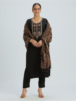 Women Plus - Women Pure Cotton Embroidered Black Kurta and Pant with Dupatta