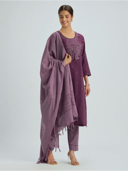 Women Plus - Pure Cotton Embroidered Purple Kurta and Pant with Dupatta