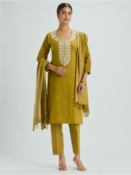 Women Plus - Women'S Pure Cotton Embroidered Green Kurta and Pant with Dupatta