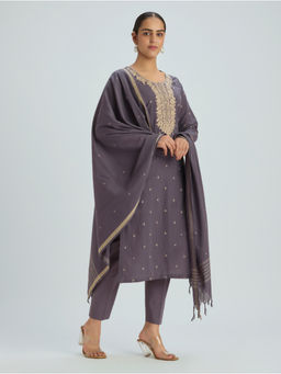 Women Plus - Women Pure Cotton Embroidered Purple Kurta and Pant with Dupatta